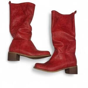 Red faux leather knee high boots